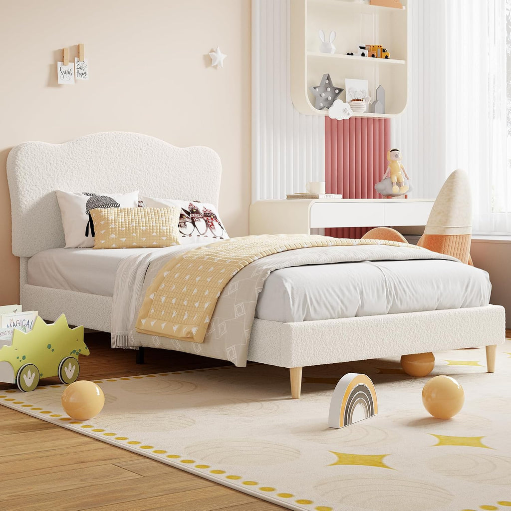 GarveeHome Upholstered Twin XL Size Bed Frame for Kids with Scallop Headboard, Cute Velvet Twin XL Bed for Girls, Boys, Sturdy Platform Bed, No Box Spring Needed, Wooden Slats, Noise Free, Beige