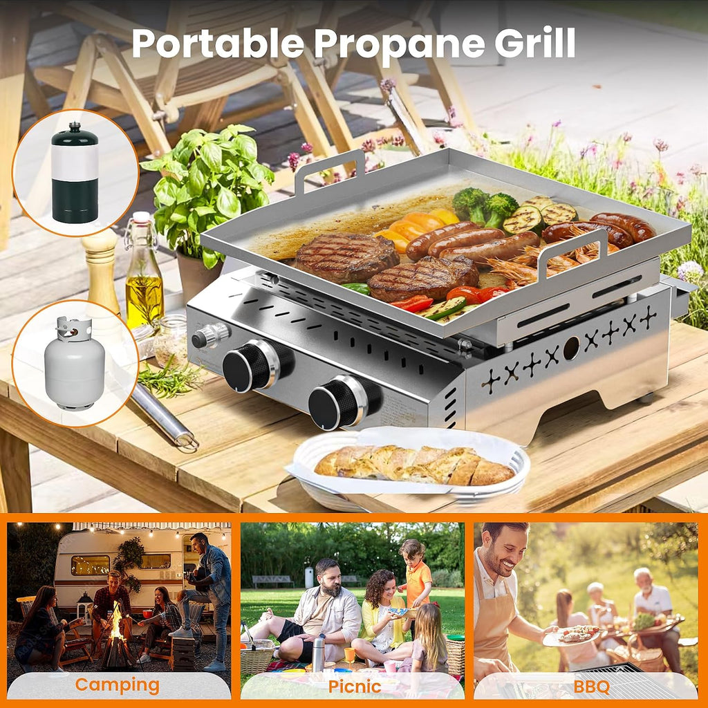 WAA Portable Propane Griddle, 16000BTU Tabletop Portable Propane Gas Grill with 2 Burners, Stainless Steel Flat Top Grill, Outdoor Cooking for Tailgating,Camping, RVs, BBQ, Patio, Silver