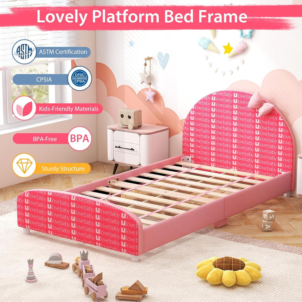 Costzon Twin Bed Frames for Kids, Wood Upholstered Twin Bed Platform with Slat Support, Padded Headboard&Footboard, No Box Spring Needed, Easy Assembly, Fits Standard Twin Mattress (Bow Tie)