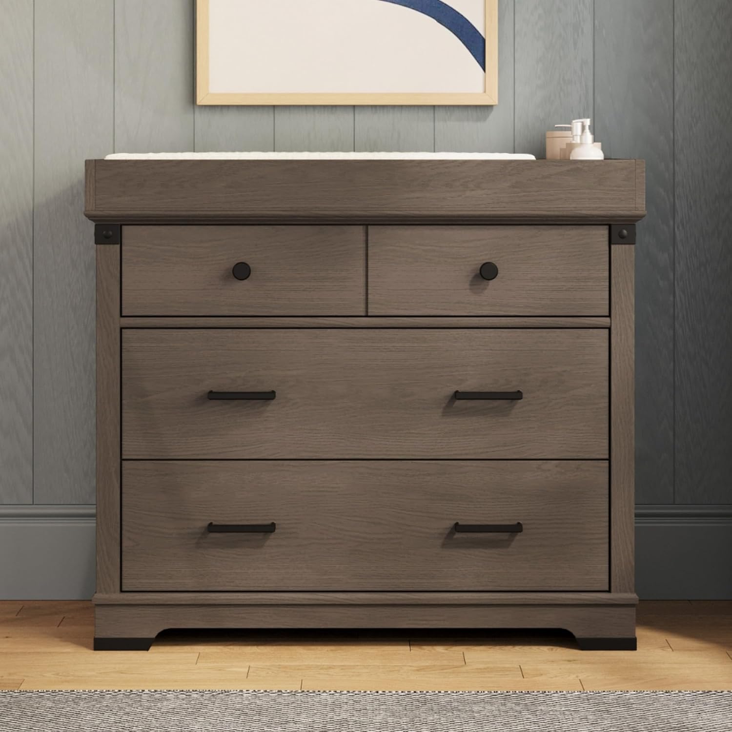 Child Craft Redmond Design 4-in-1 Convertible Baby Crib Nursery Furniture Set - Baby Bed, Dresser, Changing Table Topper and Chest Drawer for Babies, Toddlers and Kids (4 Piece - Dapper Gray)