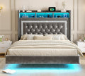 Homkdom Floating Bed Frame Queen with LED Lights & Charging Station, Upholstered Platform Bed with Velvet Storage Headboard, Heavy Duty Metal Slats,No Box Spring Needed,Noise Free,Easy Assembly, Grey