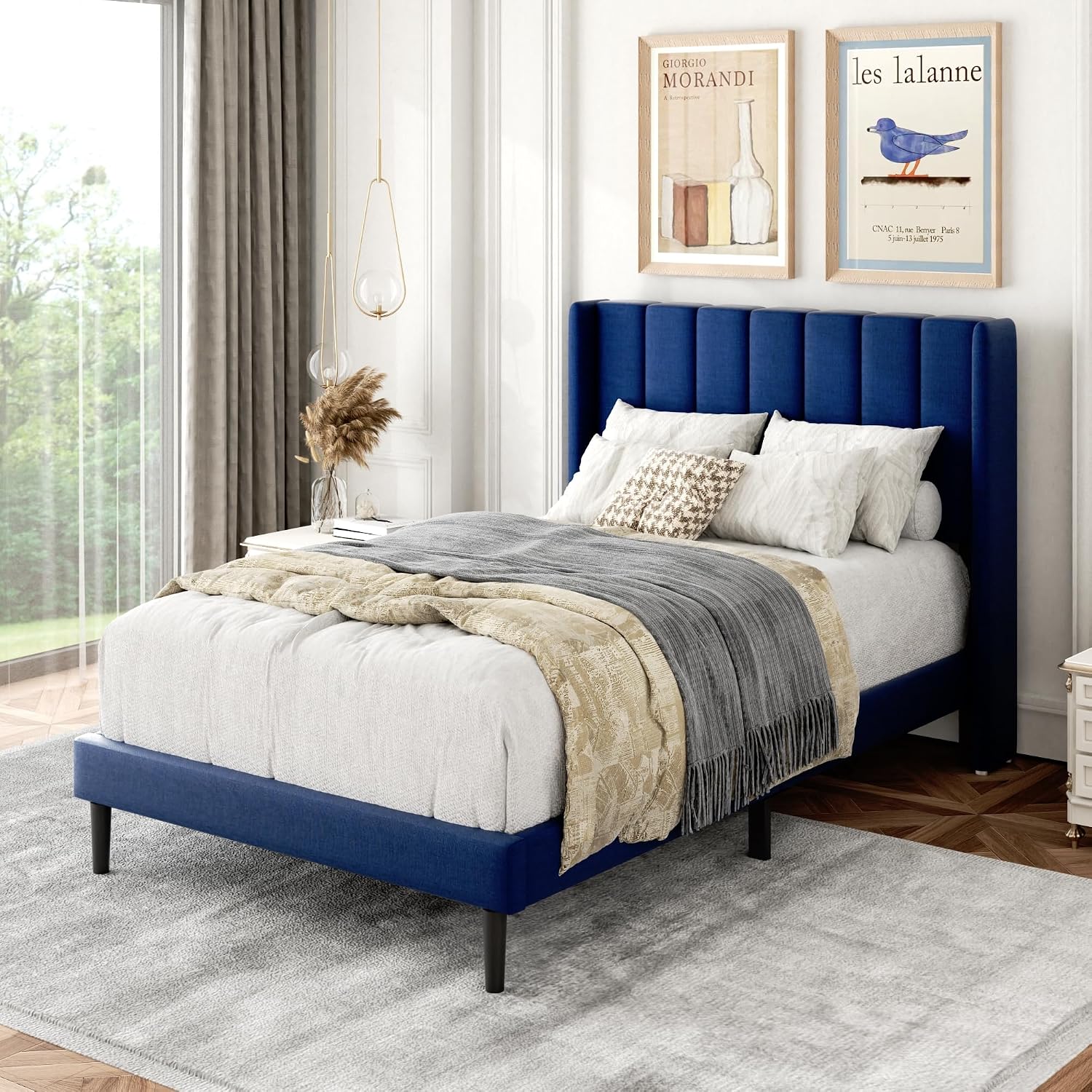 Gruwans Twin Size Bed Frame with Upholstered Wingback Headboard, Easy Assemnly Platform Bed, Wooden Slat Support No Box Spring Needed, Navy Blue