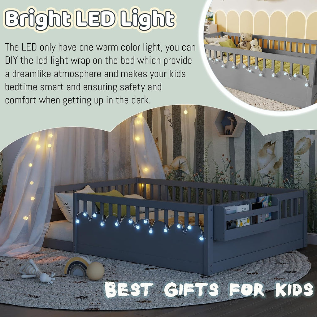 Montessori Floor Bed with High Rails,Full Size Floor Bed Frame for Kids, LED Lights & Storage Shelf, Safe & Wider Opening Gate Design, Playground & Sleep Space for Girls Boys,Grey