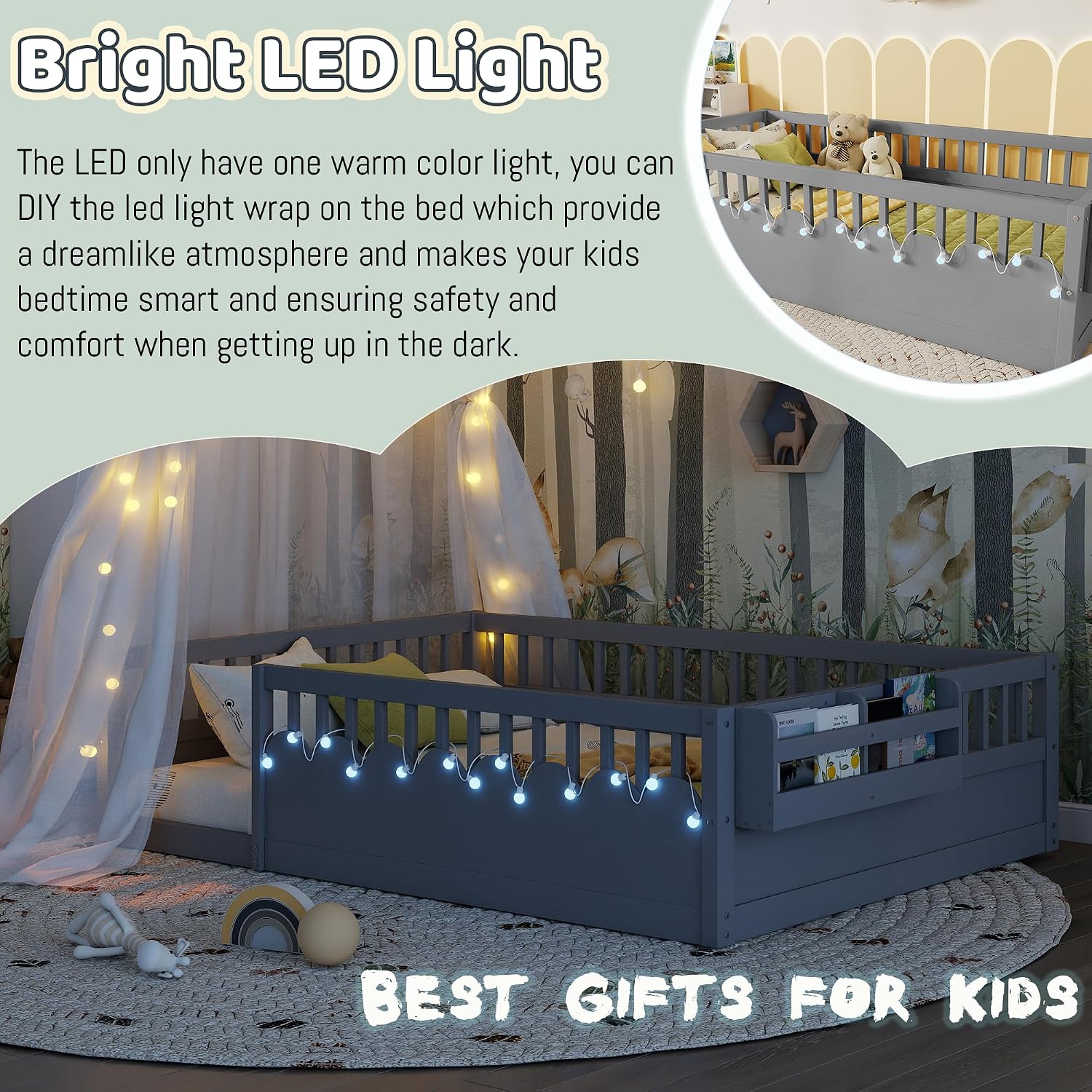 Montessori Floor Bed with High Rails,Full Size Floor Bed Frame for Kids, LED Lights & Storage Shelf, Safe & Wider Opening Gate Design, Playground & Sleep Space for Girls Boys,Grey