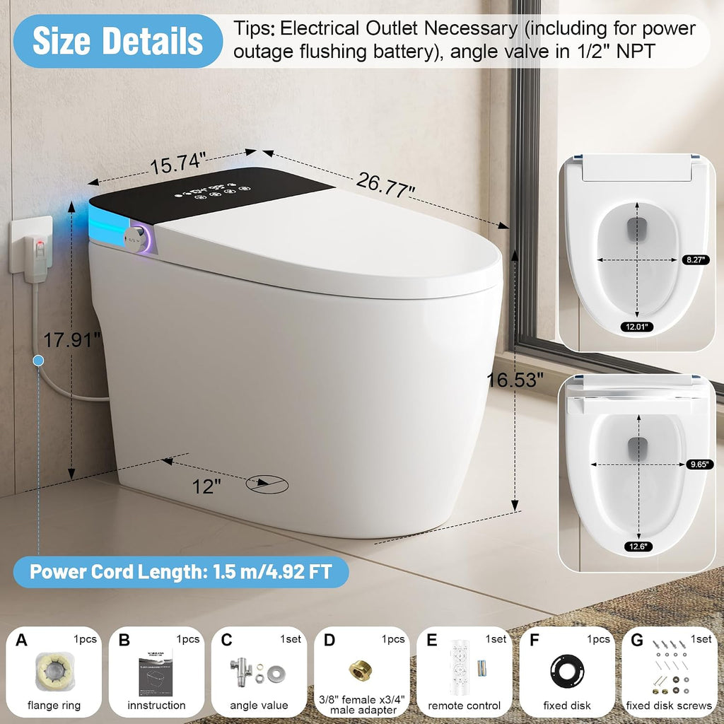 Luxury Smart Toilet, Elongated One Piece Toilet with Heated Seat, Dryer, Auto-Lift Lid, Soft Close, Night Light, Electric Tankless Bidet Toilets for Bathroom with Siphon Dual Flush 0.8/1.2 GPF