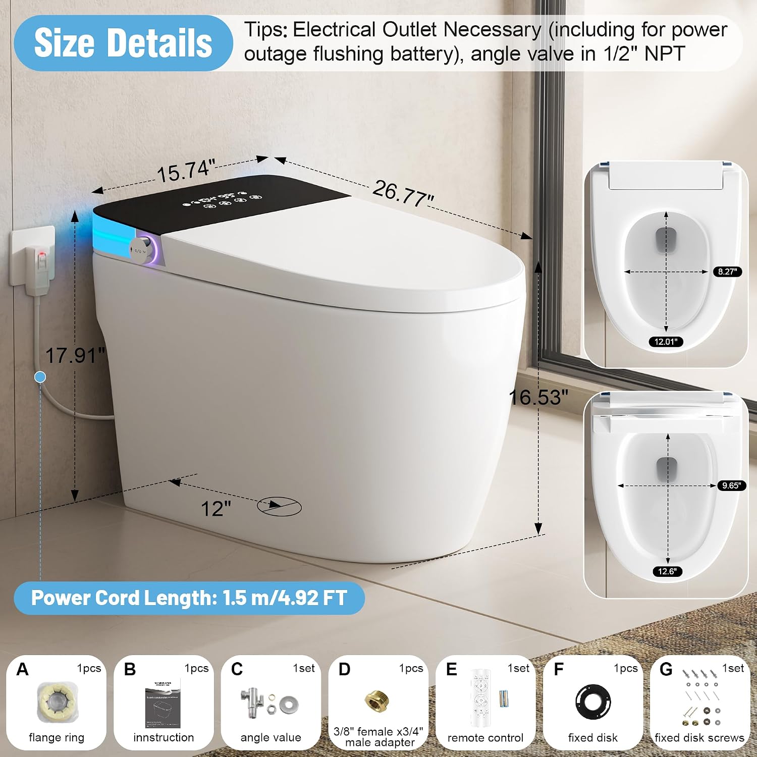 Luxury Smart Toilet, Elongated One Piece Toilet with Heated Seat, Dryer, Auto-Lift Lid, Soft Close, Night Light, Electric Tankless Bidet Toilets for Bathroom with Siphon Dual Flush 0.8/1.2 GPF