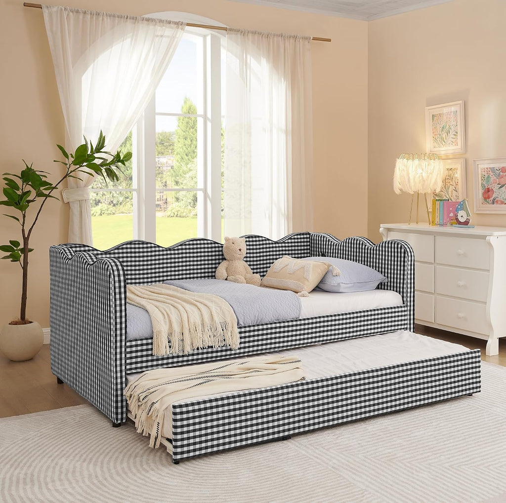 DEINPPA Twin Size Upholstered Daybed with Trundle, Gingham Daybed with USB Ports for Bedroom Living Room Guest Room-Black