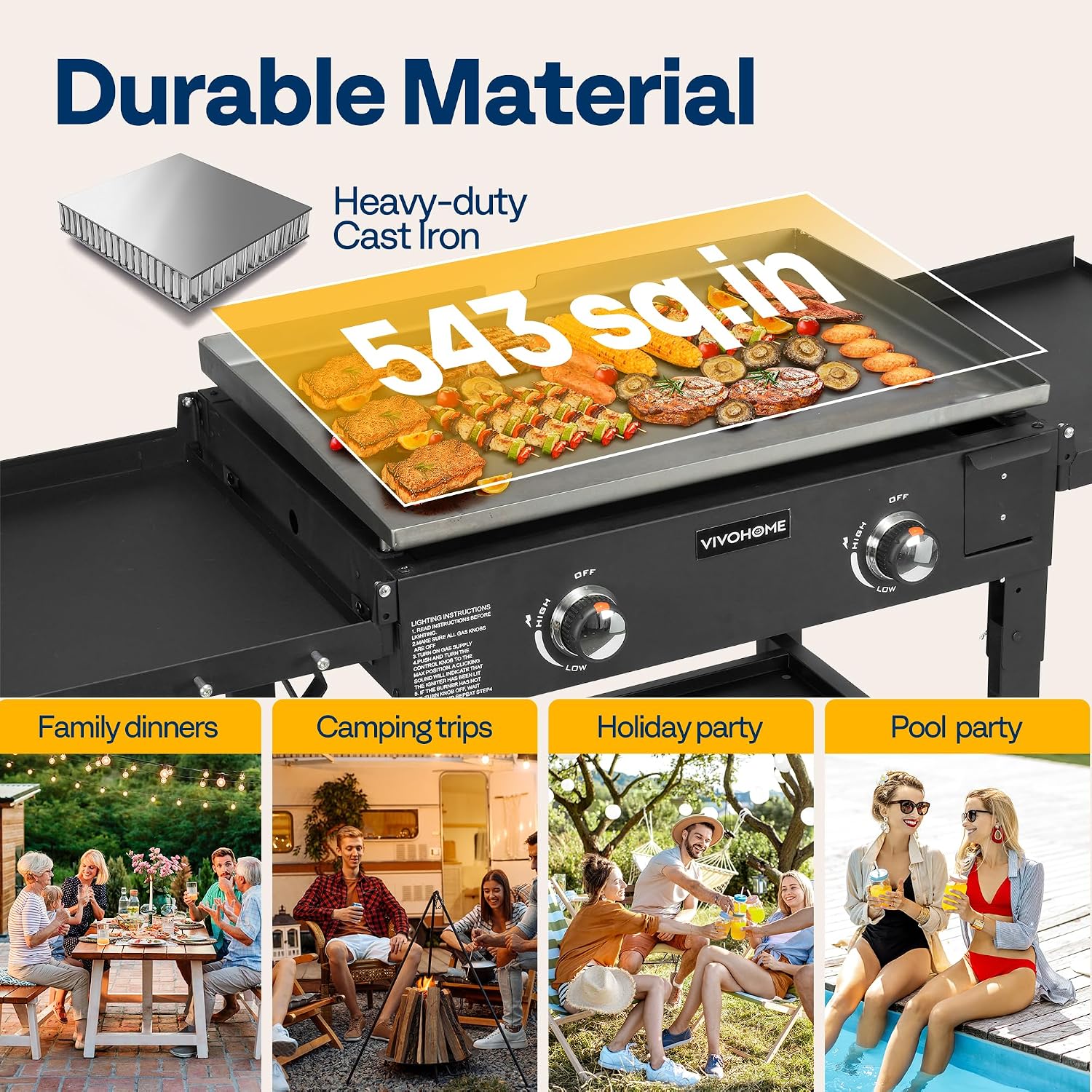 VIVOHOME 2-Burner 30,000 BTU Propane Gas Grill, Folding Flat Top Grill with Side Shelves, Picnics & Family BBQ, Heavy-Duty Rust-Resistant Griddle