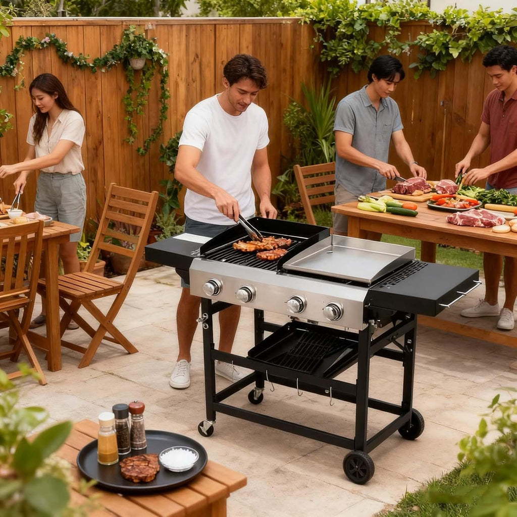 Grill Propane,Expert Gas & Griddle Combo, 2-Burner Outdoor Cooking BBQ with Cover for Camping, Tailgating, Black & Silver
