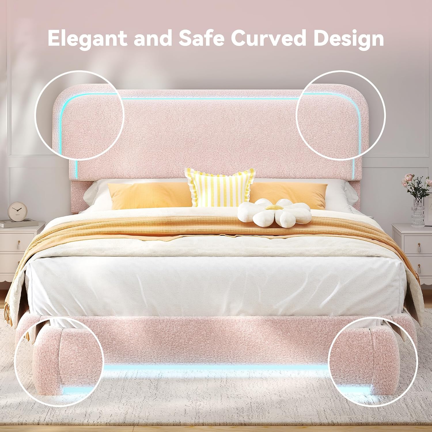 Torana Queen LED Bed Frame with Headboard and Footboard, Curved Shaped Cloud Marshmallow Upholstered Beds, Teddy Fleece Bedframe with Soft Rounded Corners and Strong Slats Support, Pink