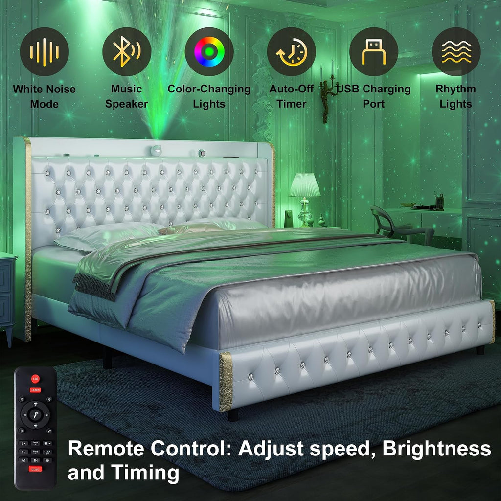 Full Modern Wingback Upholstered Platform Bed Frame with Galaxy Projector, LED Bed Frame, Sturdy Noiseless Design, Headboard with Star Accents, Simple Assembly, No Box Spring Needed, PU White