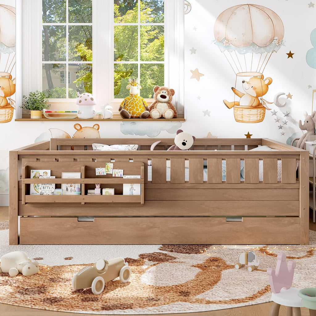 Bellemave Queen Bed with Trundle and Stairs, Queen Size Platform Bed Frame with Fence and Bookshelf, Easy Assemble Beds for Kids, Girls, Boys, Natural