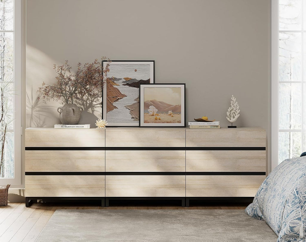 WAMPAT Dresser and Nightstand Set of 3, 94.5 Inches Dresser with 9 Drawers, 2 Nightstand with Drawer and Cabinet for Bedroom, Bedroom Furniture Set, Light Oak