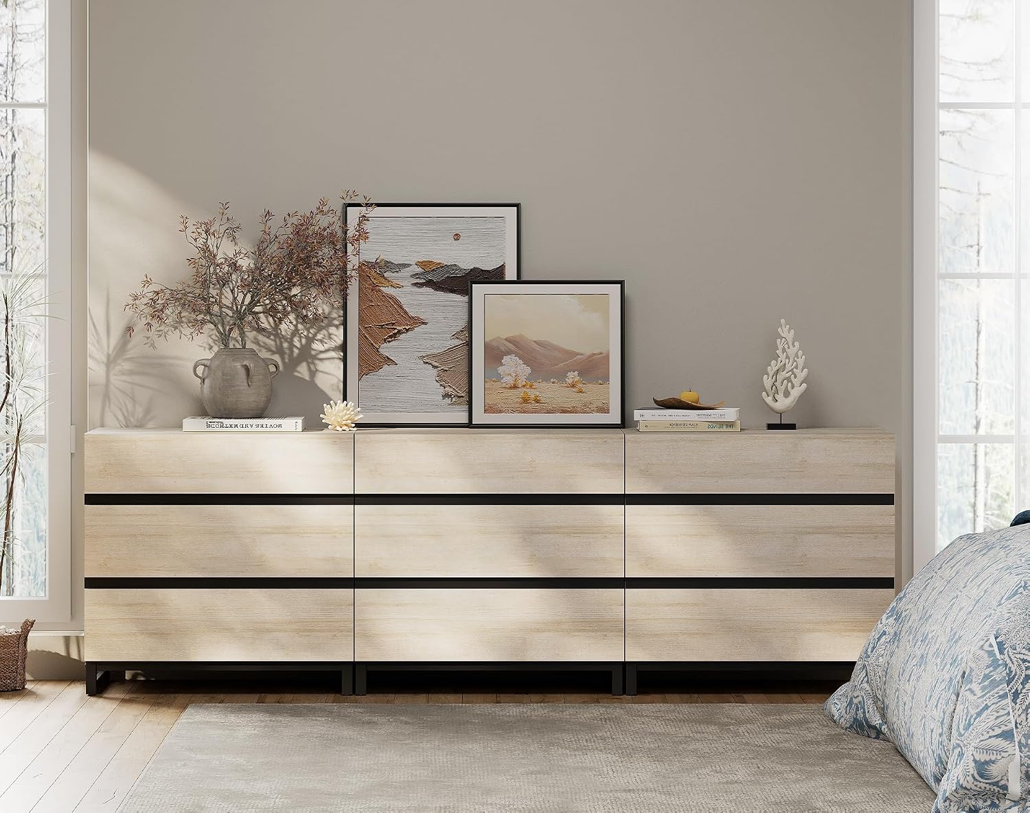 WAMPAT Dresser and Nightstand Set of 3, 94.5 Inches Dresser with 9 Drawers, 2 Nightstand with Drawer and Cabinet for Bedroom, Bedroom Furniture Set, Light Oak
