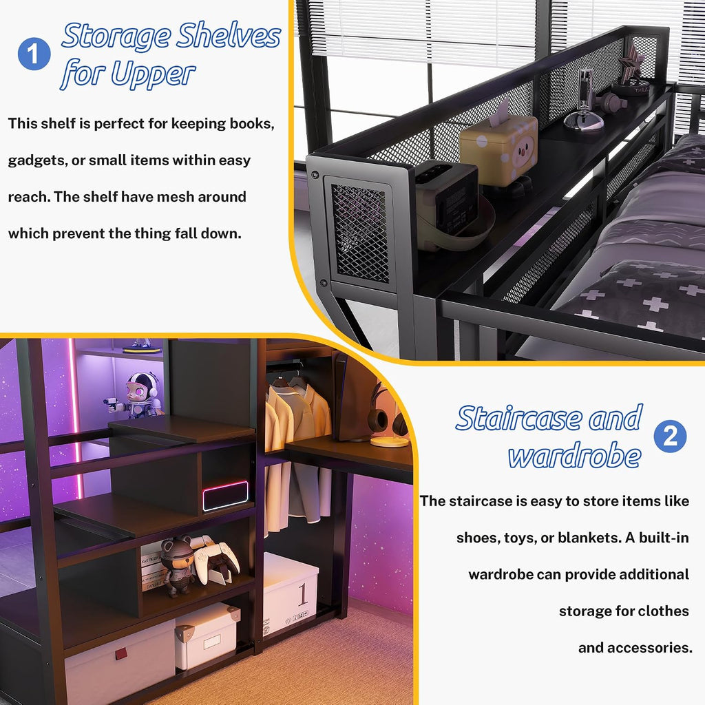 Metal Loft Bed with Desk and RGB LED Lights,Kids Loft Beds with Stairs and Charging Station,Full Size Loft Bed with Storage Shelves for Upper and Wardrobe,Loft Beds Frame for Kids(Black)