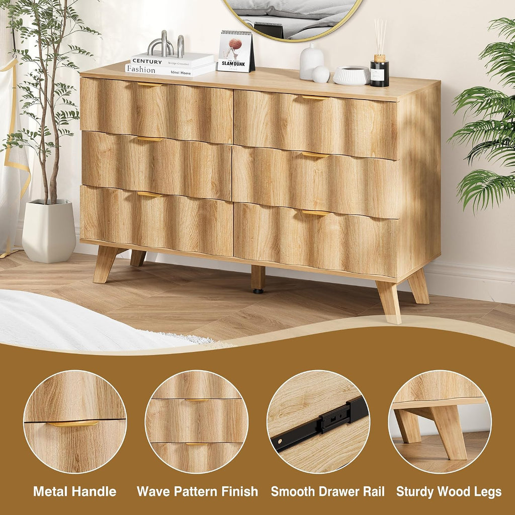 6 Drawer Dresser, Modern Fluted Storage Dresser with Deep Drawers and Metal Handles, Wood Chest of Drawers Storage Organizer for Bedroom, Living Room, Hallway (Natural)