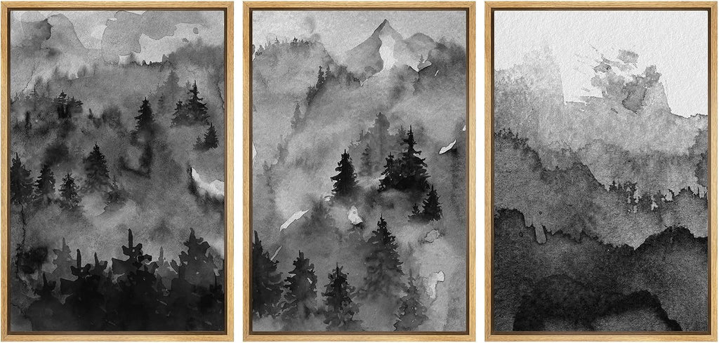 NWT Framed Canvas Print Wall Art Set Pastel Watercolor Dark Mountain Forest Nature Wilderness Illustrations Modern Art Decorative Landscape Rustic for Living Room, Bedroom, Office - 24'x36'x3 Natural
