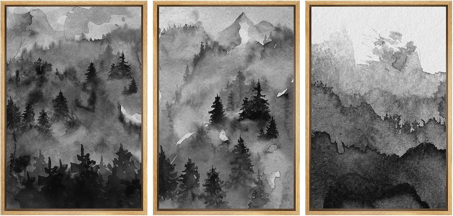 NWT Framed Canvas Print Wall Art Set Pastel Watercolor Dark Mountain Forest Nature Wilderness Illustrations Modern Art Decorative Landscape Rustic for Living Room, Bedroom, Office - 24'x36'x3 Natural