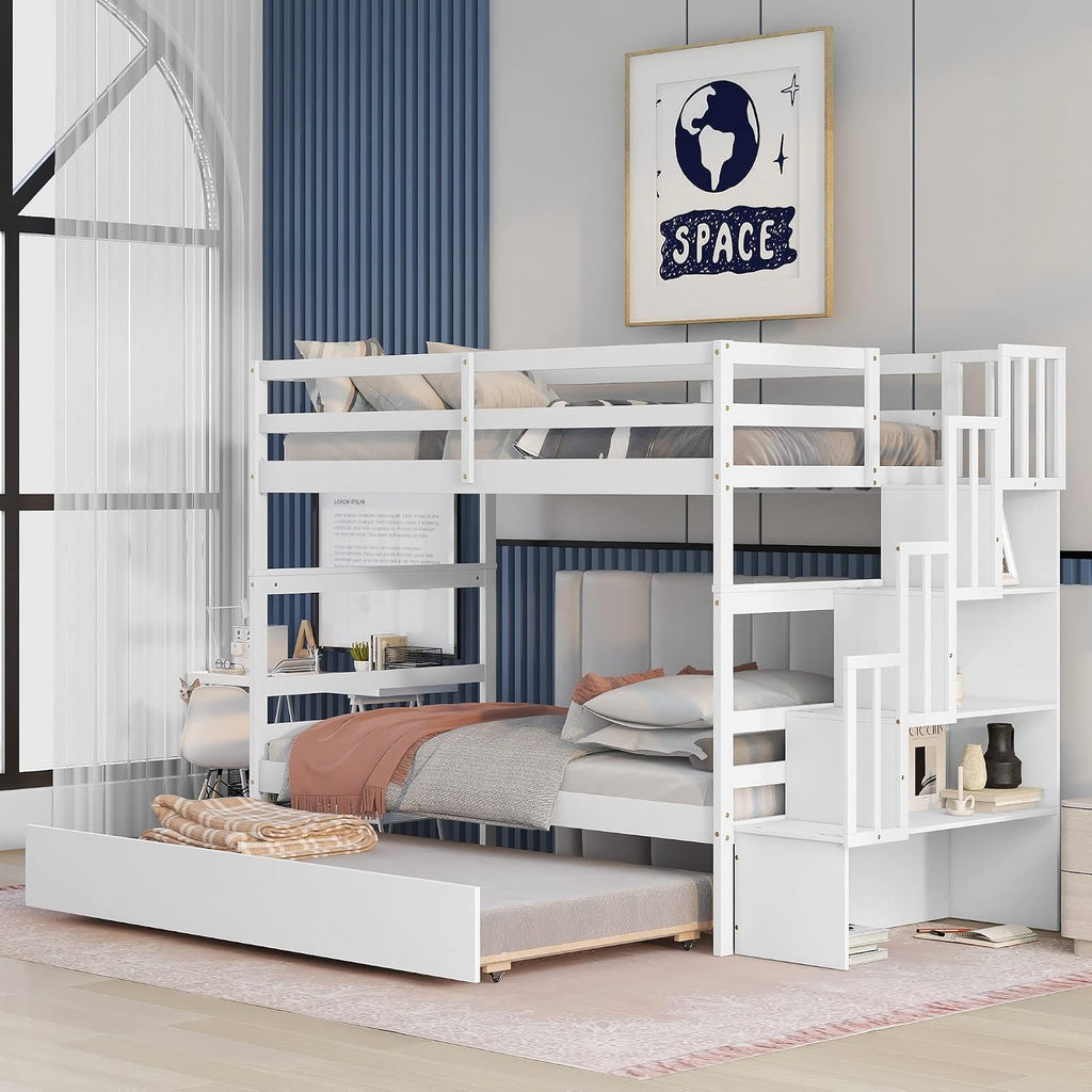 Ball & Cast Twin Over Twin Bunk Beds with Trundle,Wood Bedframe W/Safty Guardrail & Stairway Storage,No Box Spring Needed,Easy Assembly,Multiple Functional Bedroom Furniture for Boy Girl Teens,White