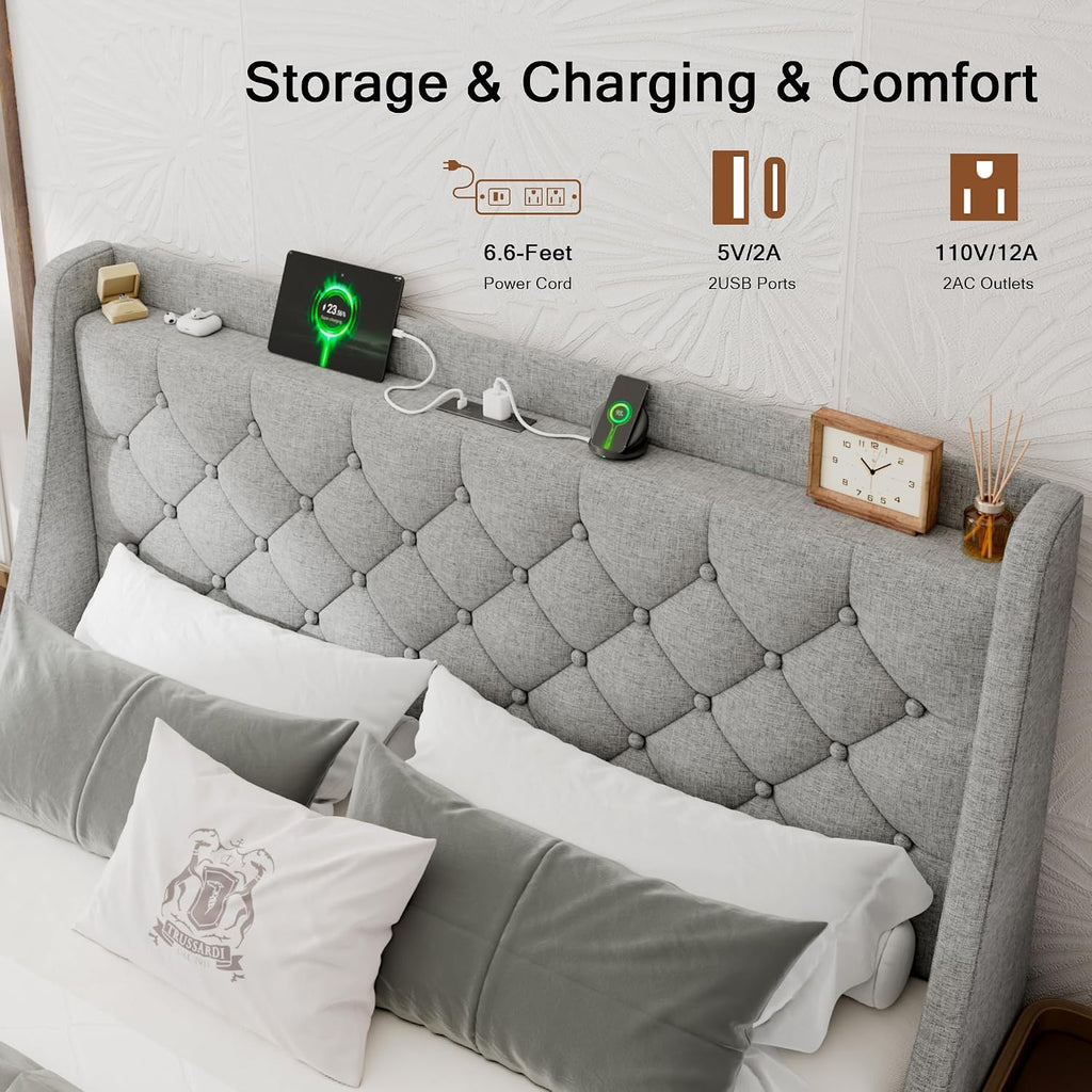 Einhomn Upholstered Full Size Bed Frame with 4 Storage Drawers, Platform Bed Frame with Wingback Headboard, Charging Station, No Box Spring Needed, Light Grey