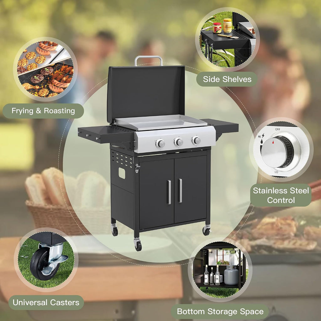3 Burners Propane Gas Grill, Stainless Steel BBQ Grill with Porcelain-Enameled Cast Iron Grates, 36,000 BTU Outdoor Patio Barbeque Grill and Griddle Combo for Party, Camping, Backyard