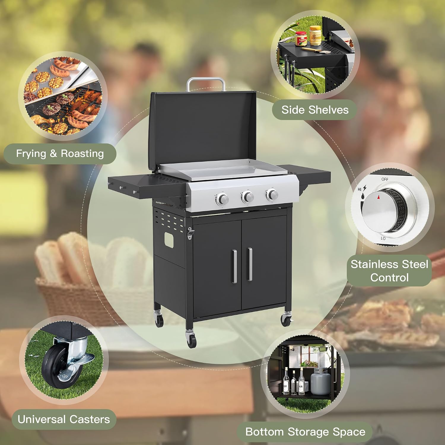3 Burners Propane Gas Grill, Stainless Steel BBQ Grill with Porcelain-Enameled Cast Iron Grates, 36,000 BTU Outdoor Patio Barbeque Grill and Griddle Combo for Party, Camping, Backyard