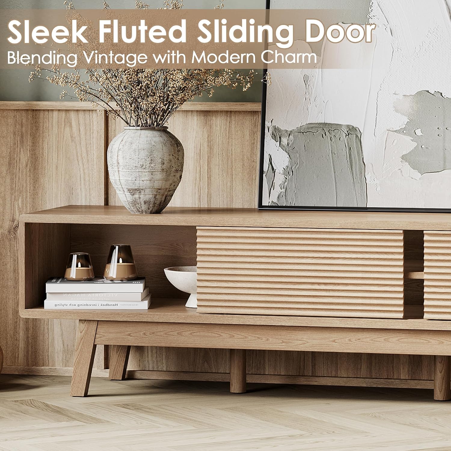 TOLEAD 59' TV Console, Mid Century Modern TV Stand for 55/60/65 Inch TV, Low Profile Media Console with Fluted Sliding Doors, Boho Wood Credenza for Living Room, Oak