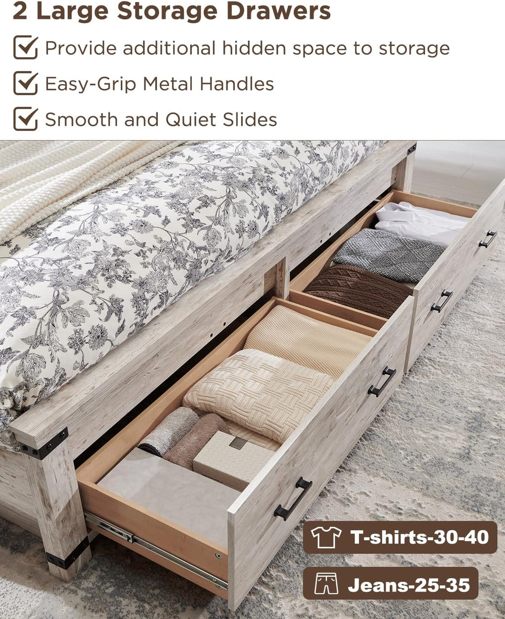 T4TREAM Farmhouse Queen Size Bed Frame with 54' Tall Geometric Headboard & 2 Large Storage Drawers, Rustic Wood Platform Bed with Wood Slats Support, No Box Spring Needed, Antique Brushed White