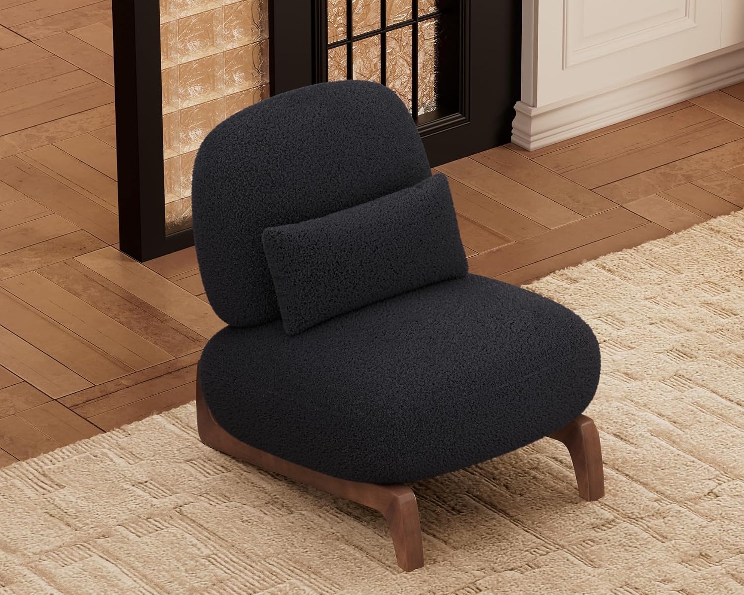 Morden Fort Sherpa Boucle Chair Single, Tilted Modern Wood Chair with Thick Cushion Comfortable Lumbar Pillow Armless Reading Accent Chair Compatible with Sofa Set Couch for Living Room, Black