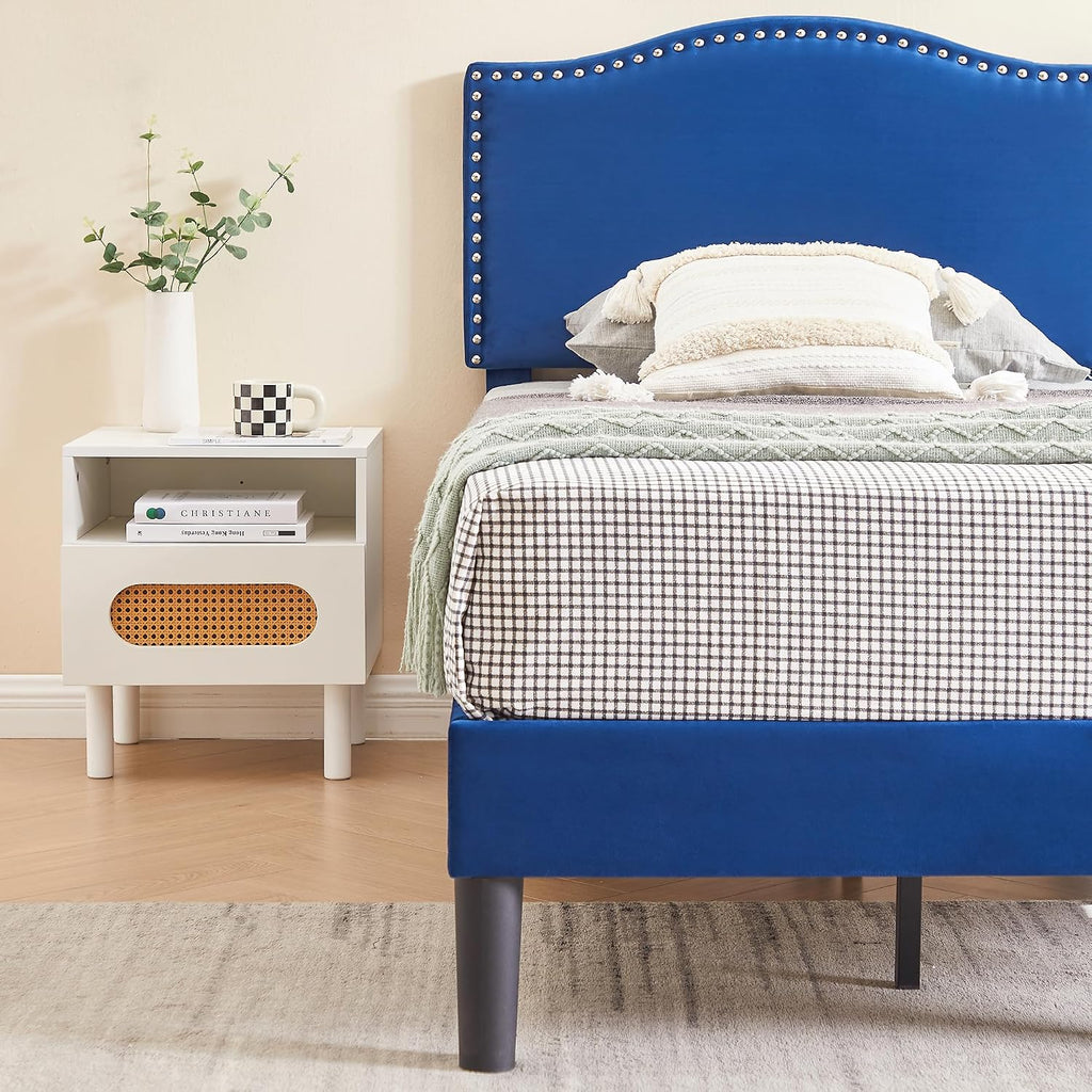 VECELO Twin Bed Frame, Platform Bed Frame with Adjustable Height Upholstered Headboard, Heavy-Duty Frame and Strong Wooden Slats Support, Non-Slip and Noise-Free, Easy Assembly, Dark Blue