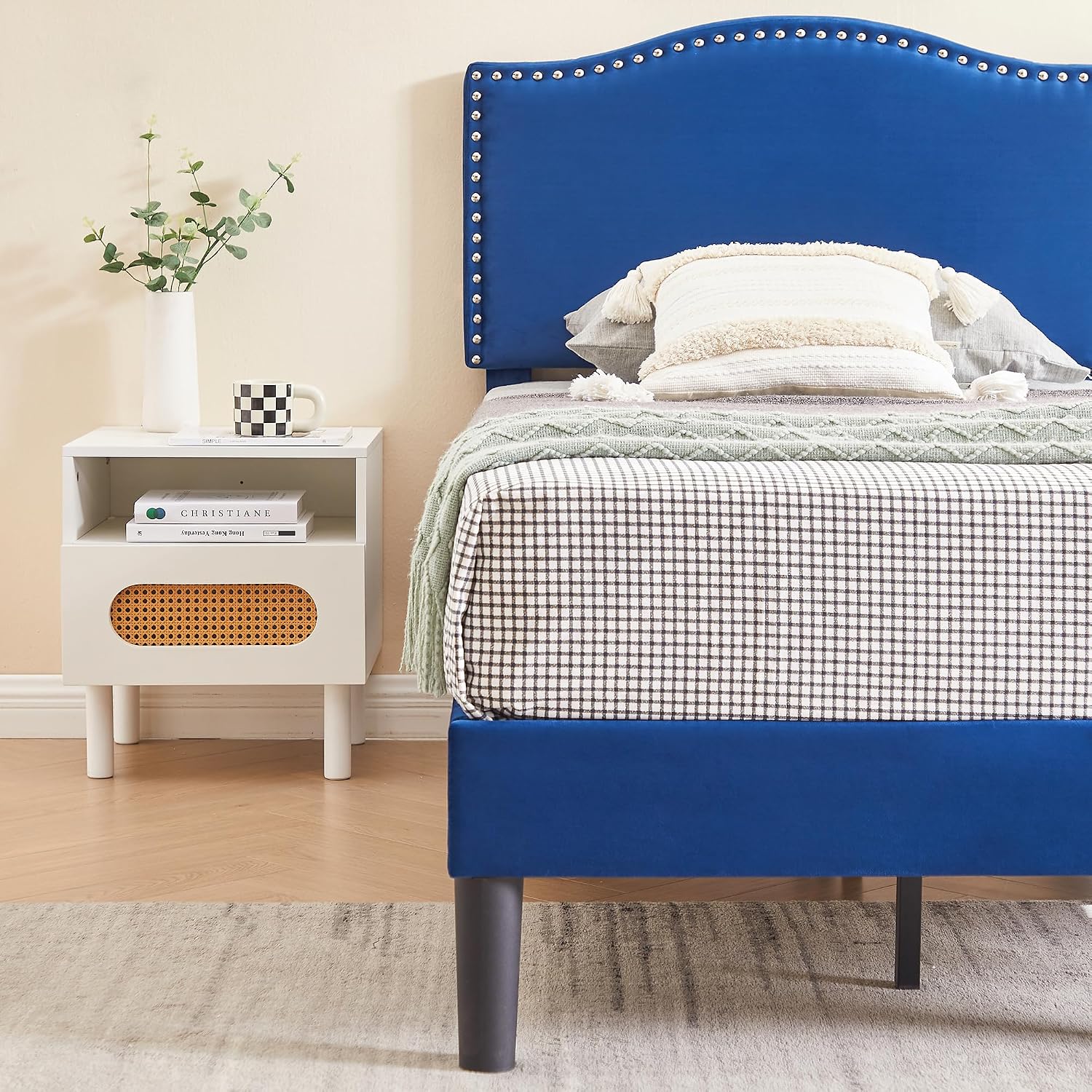 VECELO Twin Bed Frame, Platform Bed Frame with Adjustable Height Upholstered Headboard, Heavy-Duty Frame and Strong Wooden Slats Support, Non-Slip and Noise-Free, Easy Assembly, Dark Blue