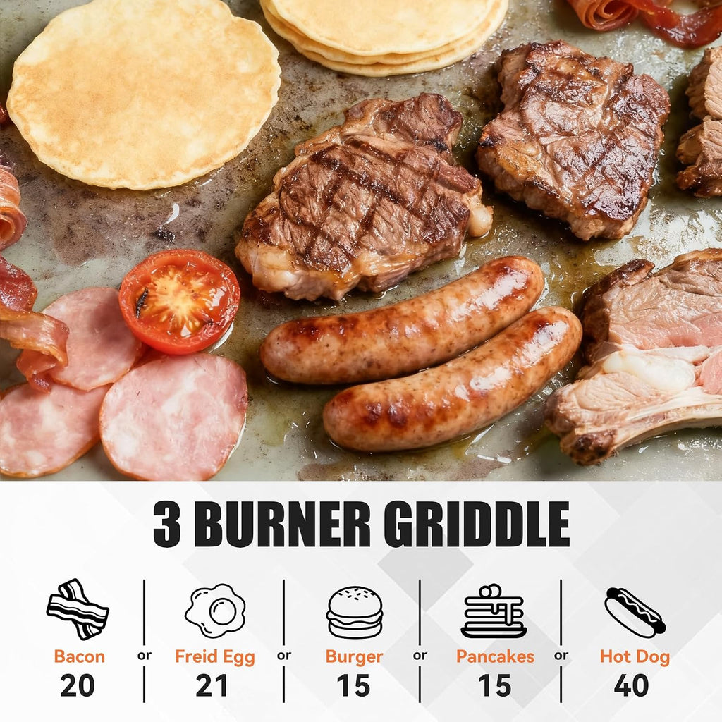3 Burner Propane Grill with Rainproof Cover 28inch Outdoor Flat Top Griddle Foldable Side Table for Backyards Barbecue