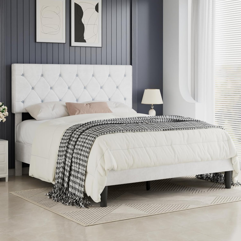VECELO Queen Size Bed Frame with Diamond Tufted Headboard, Upholstered Platform Bedframe with Wood Slat Support, No Box Spring Needed, Velvet & White