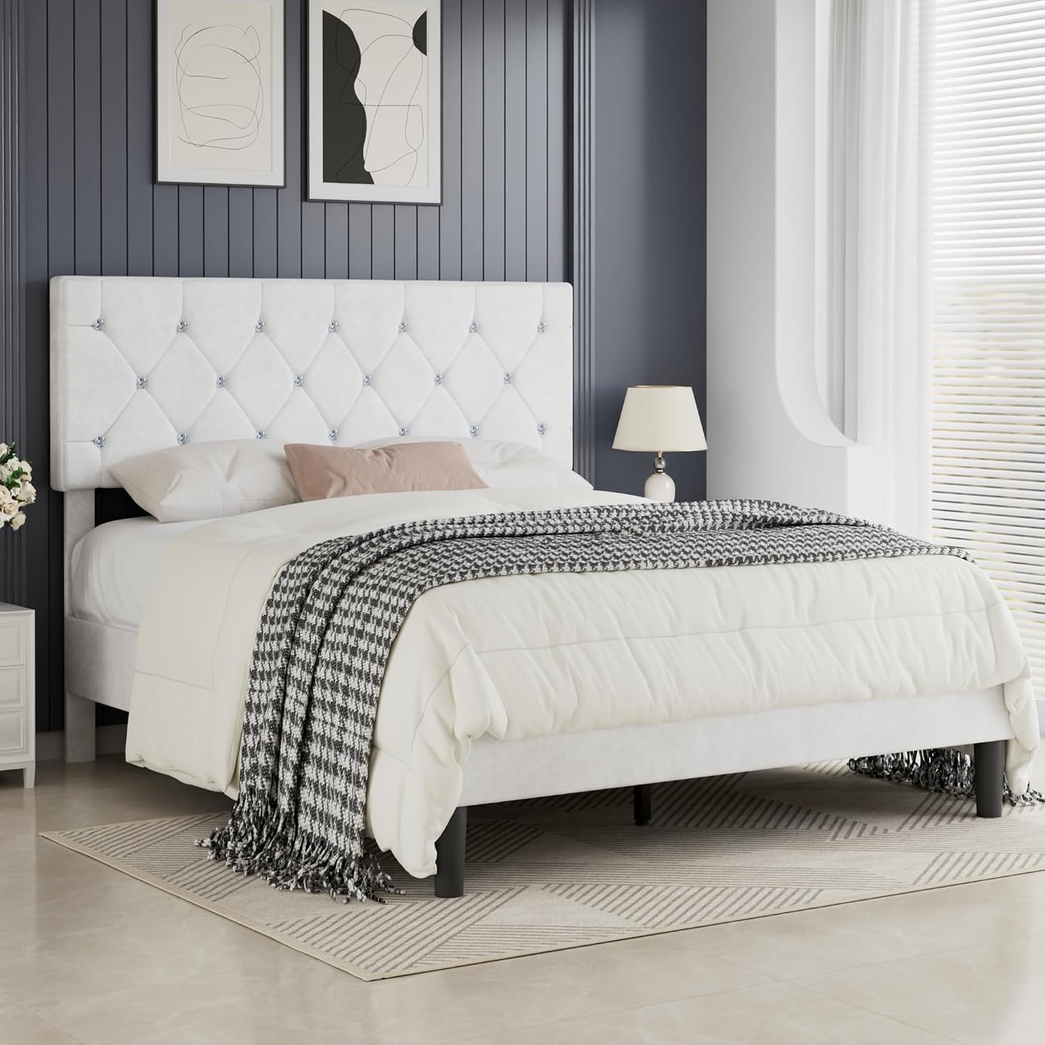 VECELO Queen Size Bed Frame with Diamond Tufted Headboard, Upholstered Platform Bedframe with Wood Slat Support, No Box Spring Needed, Velvet & White