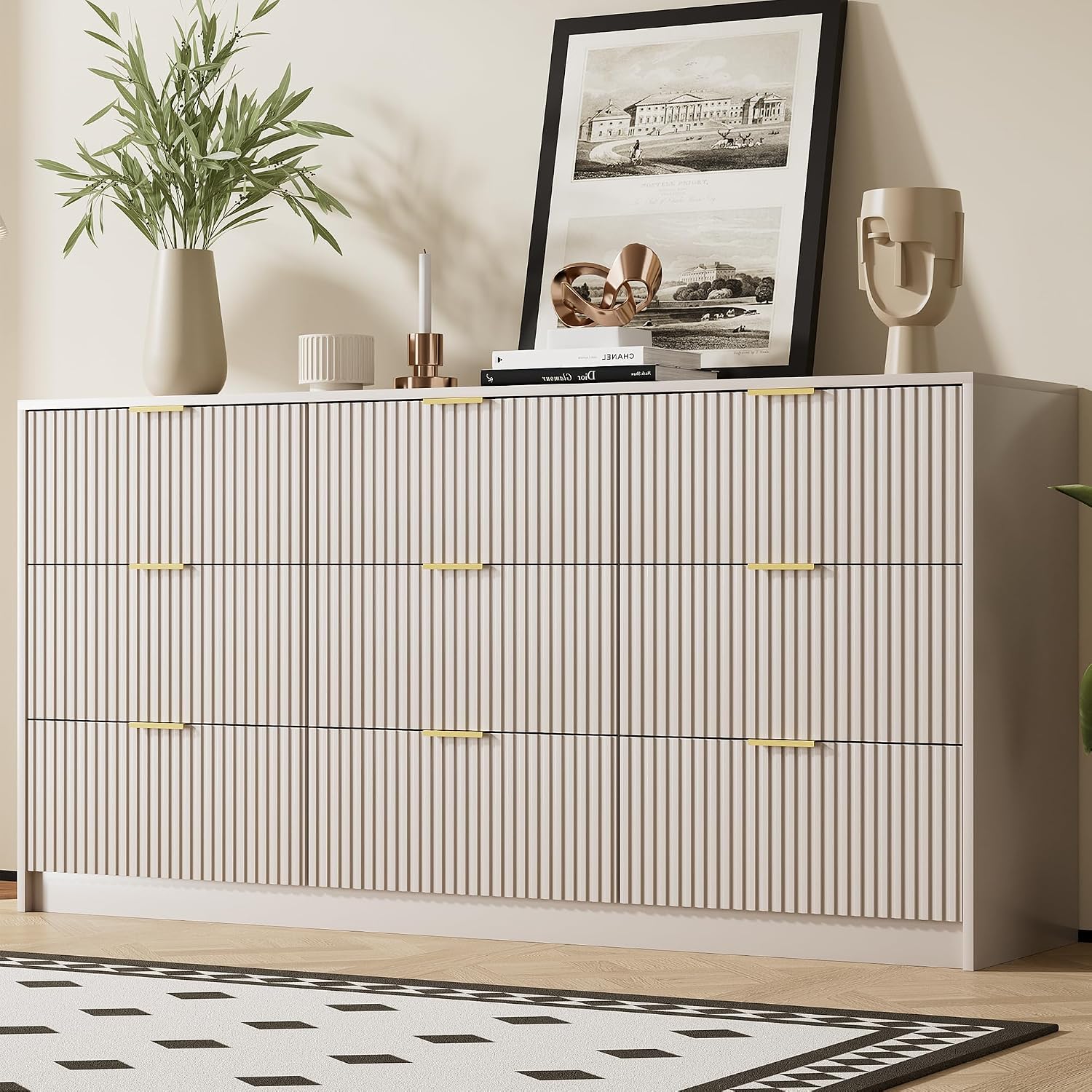 Furniway Beige Dresser for Bedroom, Modern Dresser with 9 Drawers and Smooth Slides, Wide Chest of Drawers with Golden Handles for Bedroom, Living Room, Closet, 15.7' D x 63' W x 31.5' H