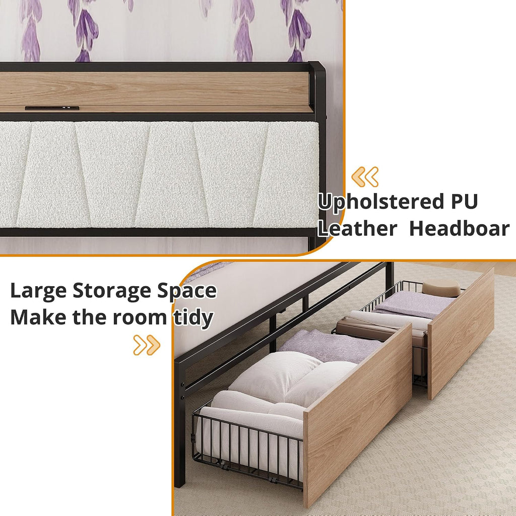 LIKIMIO Queen Size Bed Frame, Storage Headboard with Charging Station, Platform Bed with Drawers, No Box Spring Needed, Easy Assembly, Wood and Cream