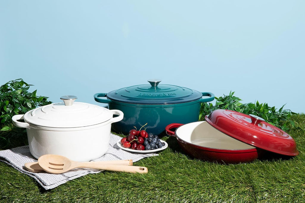 Larder & Vine 6-Piece Enameled Cast Iron Pan Cookware Sets, Includes 8 Quart and 5.7 Quart Dutch Oven with Lids, Braiser/Crock Pot with Lid (White)