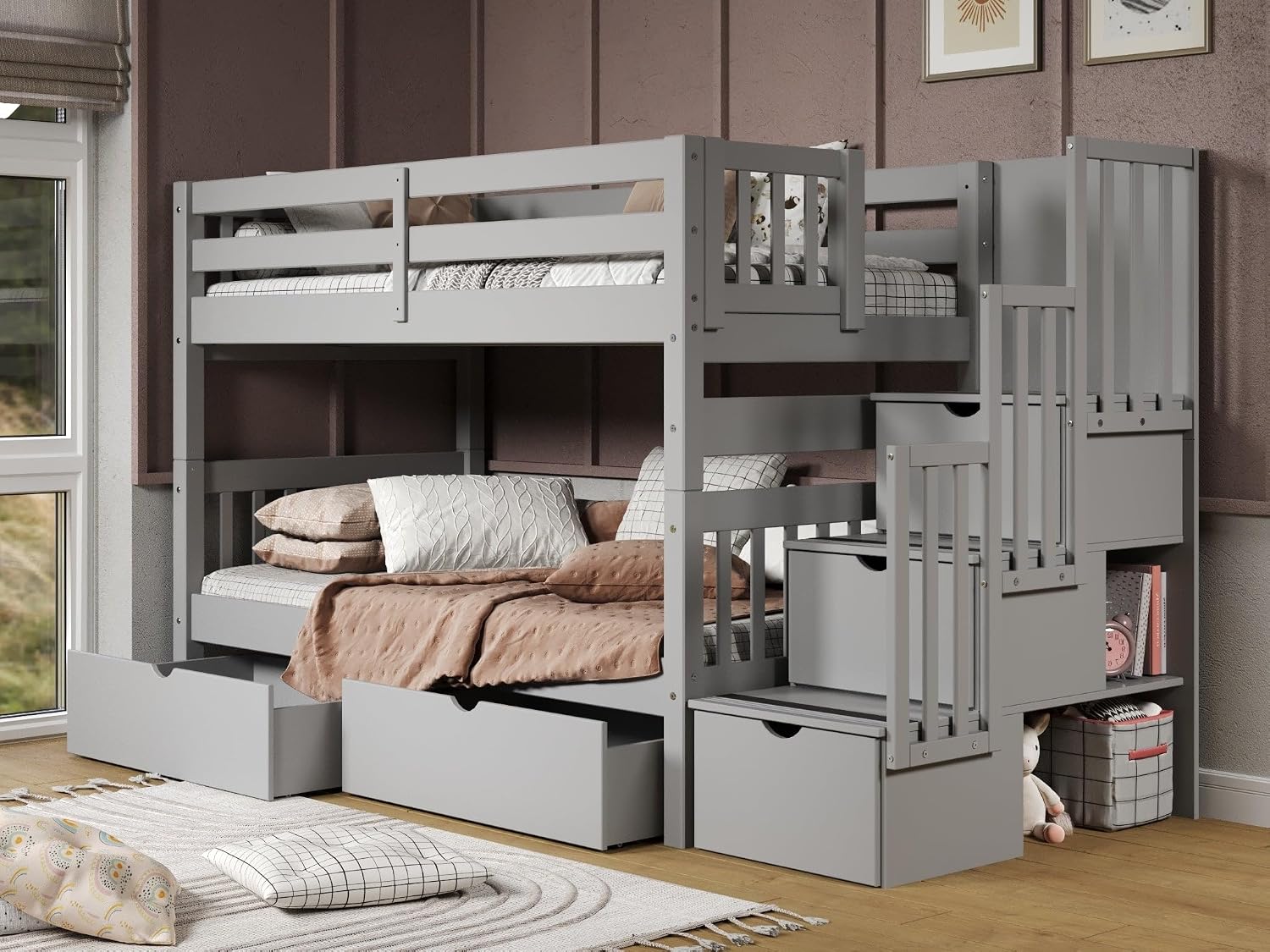Bedz King Stairway Bunk Beds Twin Over Twin with 3 Drawers in the Steps and 2 Under Bed Drawers, Grey