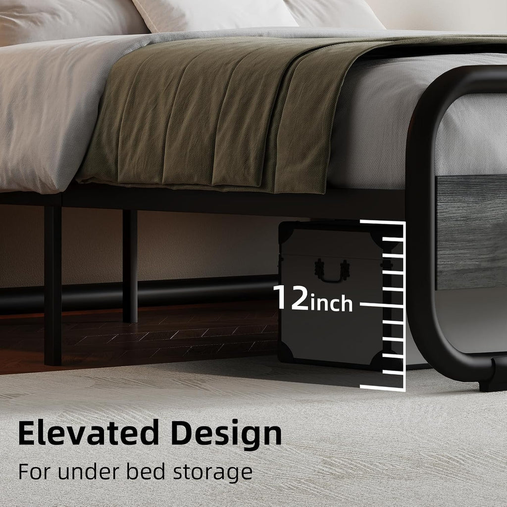 Catrimown Queen Bed Frame with LED Lights, Heavy Duty Metal Rustic Platform Bed Frame Queen Size with Headboard, Noise Free, No Box Spring Needed, Wash Gray