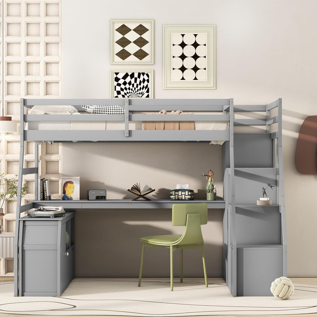 Bellemave Twin Size Loft Bed with Stairs and Desk, Wood Loft Beds with Cabinet and 7 Drawers, High Loft Bed Frame with Shelves and Step for Kids, Teen, Boys, Girls, Grey