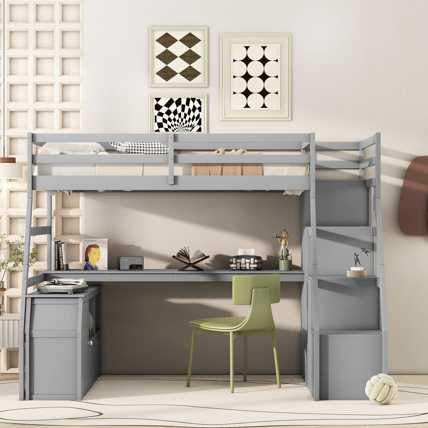 Bellemave Twin Size Loft Bed with Stairs and Desk, Wood Loft Beds with Cabinet and 7 Drawers, High Loft Bed Frame with Shelves and Step for Kids, Teen, Boys, Girls, Grey