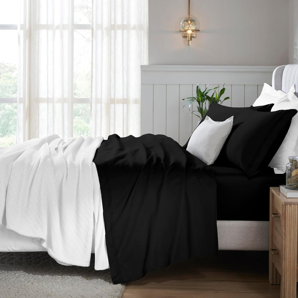 Superior Egyptian Cotton 3 Piece Sheet Set, 650 Thread Count, Eco-Friendly, Sustainable Sheets, Ultra-Soft Basics, Solid, Deep Pocket Fitted Sheet, Flat Sheet, Pillowcase, Twin, Black