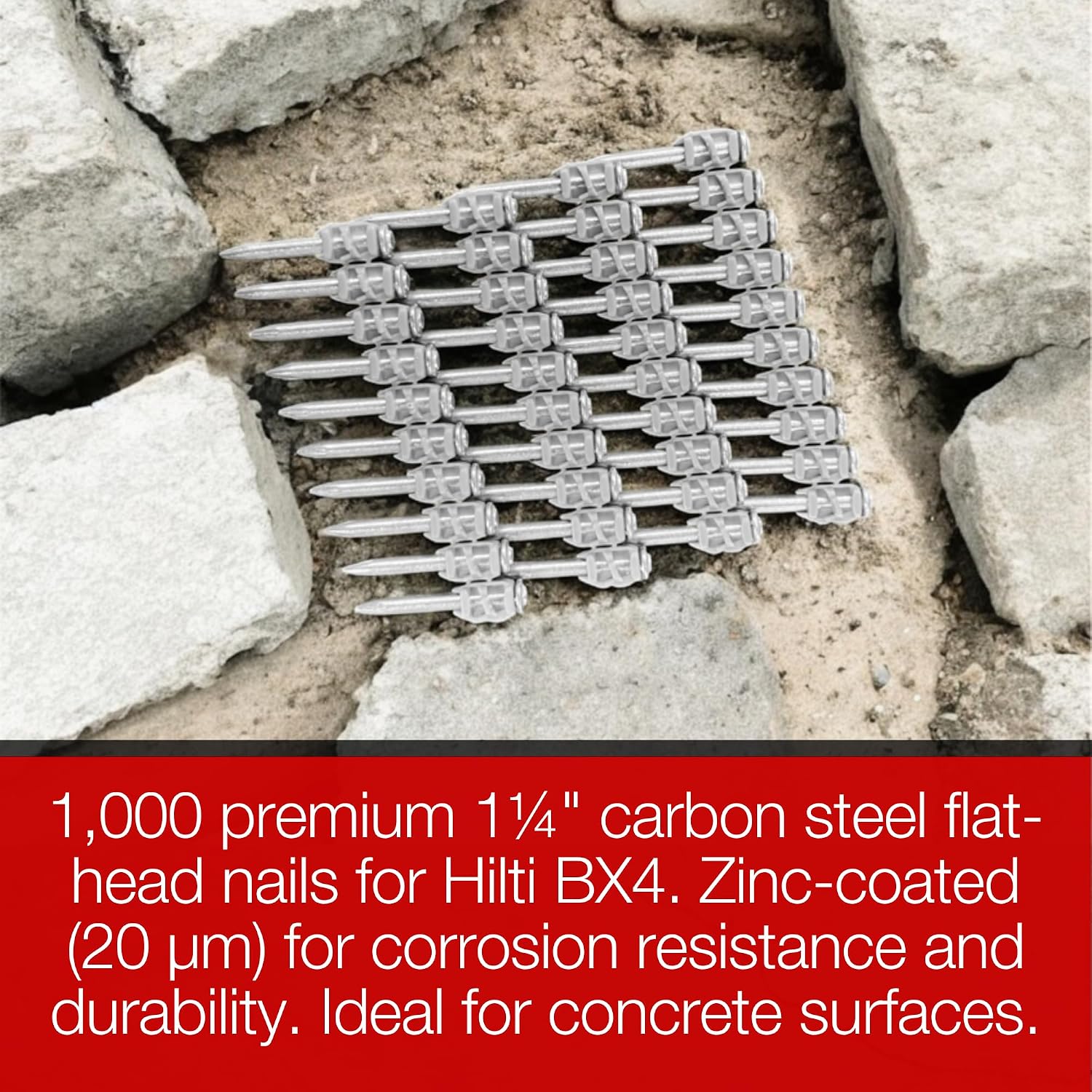 1¼″ Concrete Nails Compatible With Hilti BX4 – 1,000 Count Collated Flat Head Shoot-Drive Nails with Hardened Steel Shank – Heavy-Duty Fasteners for Concrete, Masonry & Construction Projects