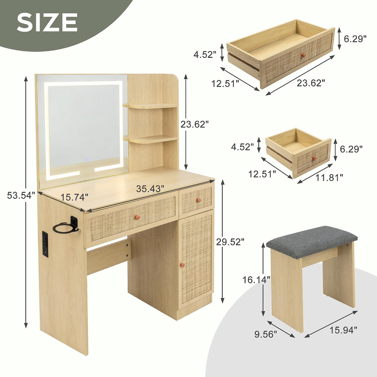 Yechen 35' Boho Makeup Vanity Desk with LED Lighted Mirror & Power Strip, Wooden Dressing Table Set with Rattan Drawers, Storage Shelves and Cushioned Stool for Bedroom, for Girls Women