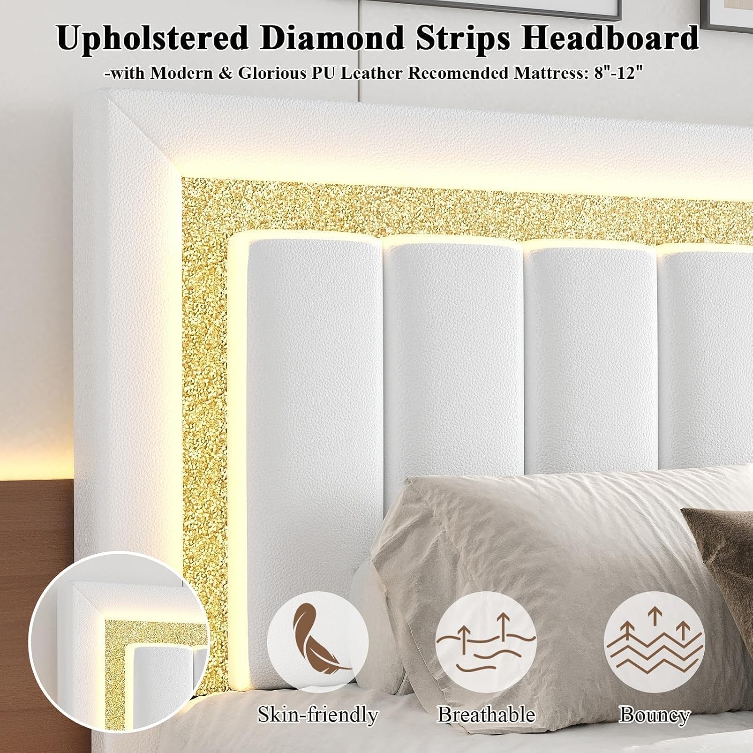 HOMBCK Floating Twin Bed Frame with Smart LED Lights, Faux Leather Upholstered Platform Bed with Diamond Headboard, No Box Spring Needed, Noise-Free, Easy Assembly, White