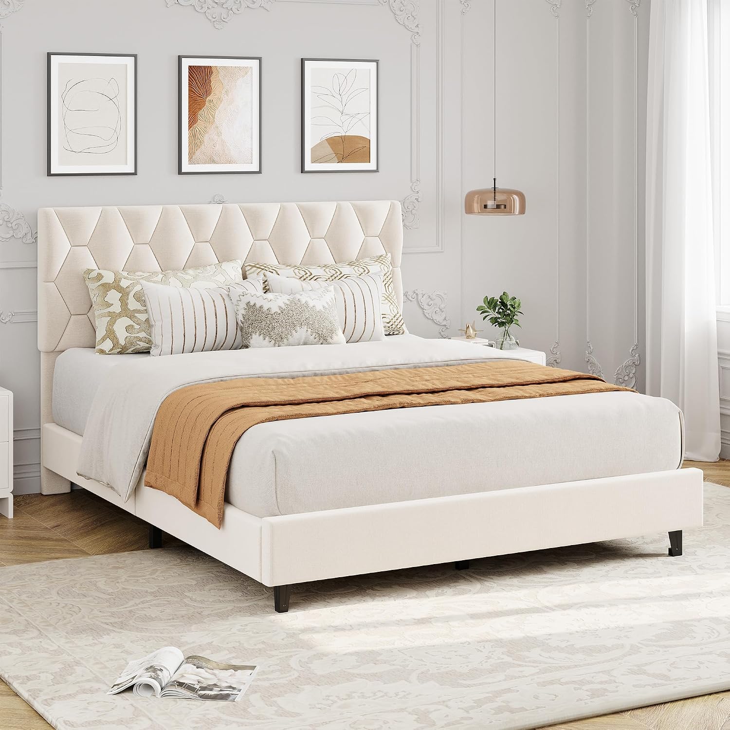 GAOMON Beige Full Bed Frame with Upholstered Headboard, Heavy-Duty Platform Bed Frame with Strong Wood Slats, No Box Spring Needed/Noise Free/Easy Assembly