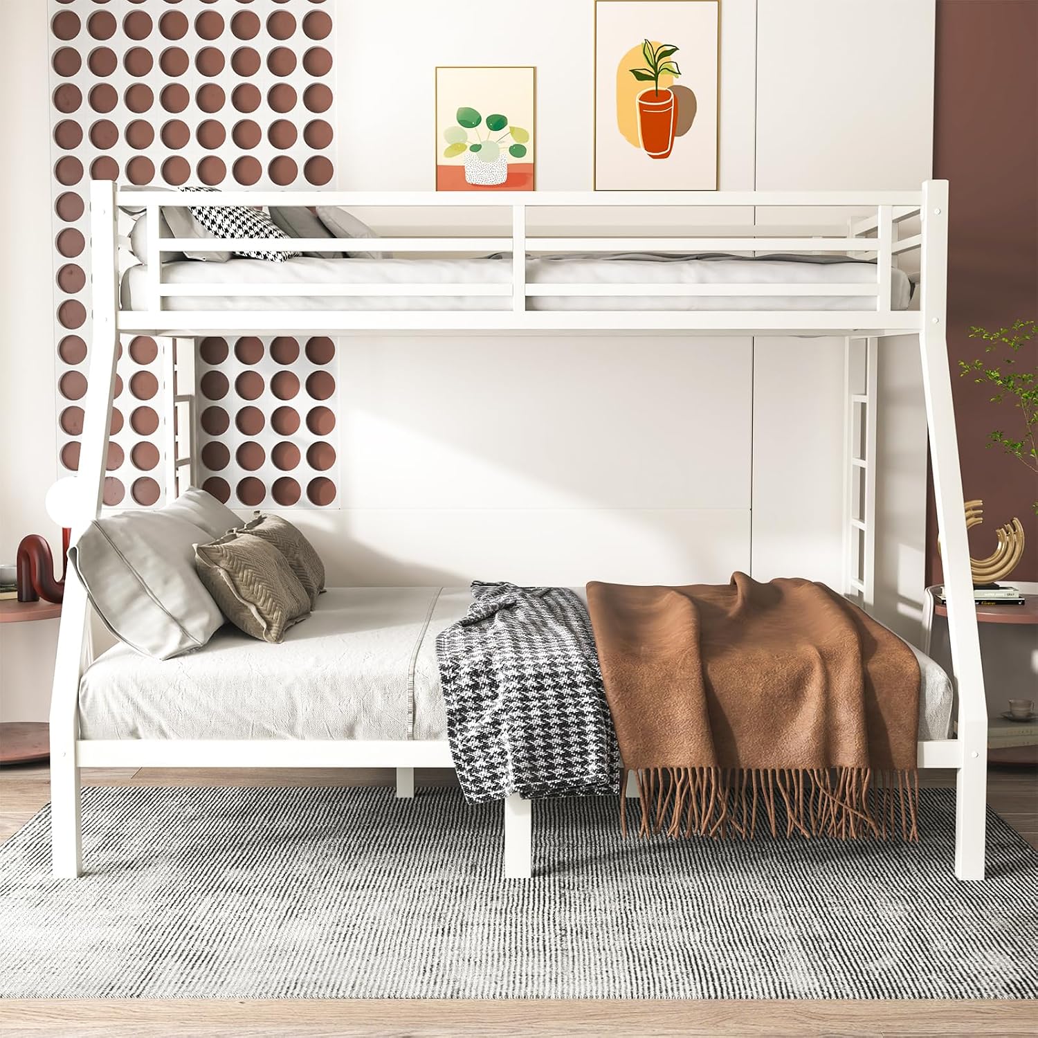 Twin XL Over Queen Bunk Bed Frame, Heavy Duty Metal Loft Bed for Adults/Teens, 350/600LB Capacity w/Ladder & Guardrail, Noise-Free Steel Slats, No Box Spring Required, White