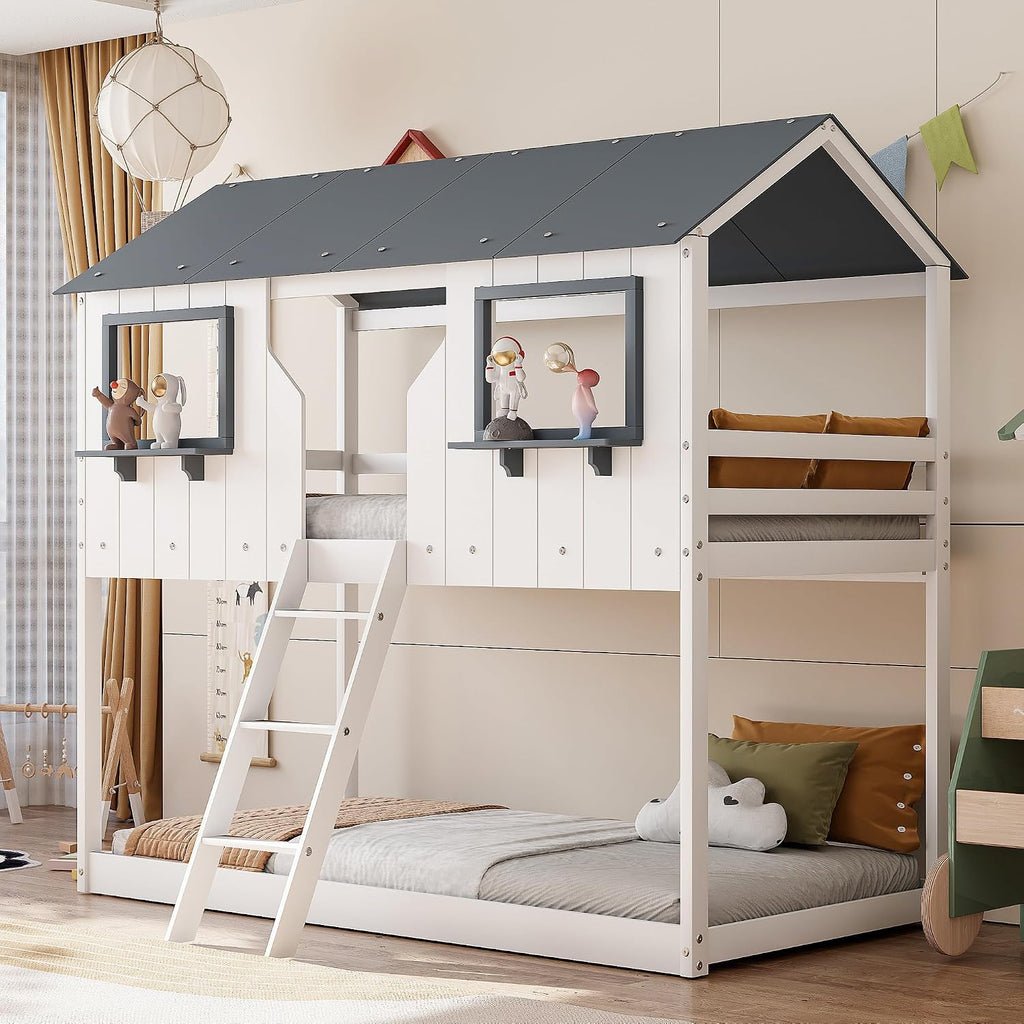 Polibi Twin Over Twin Low Bunk Bed, Wooden House Bed with Roof, 2 Front Windows, 2 Small Shelves, Ladder and Guardrail, White