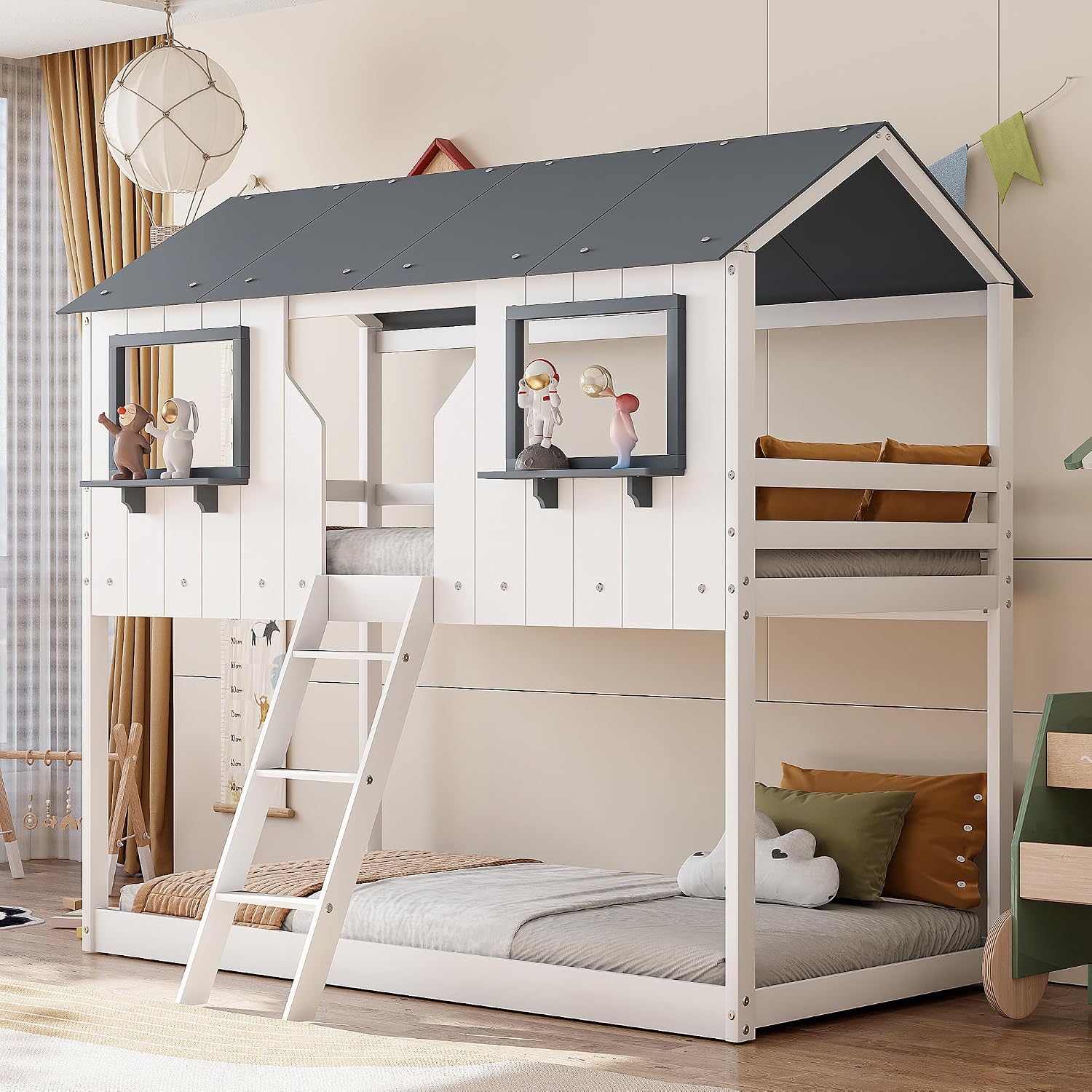Polibi Twin Over Twin Low Bunk Bed, Wooden House Bed with Roof, 2 Front Windows, 2 Small Shelves, Ladder and Guardrail, White