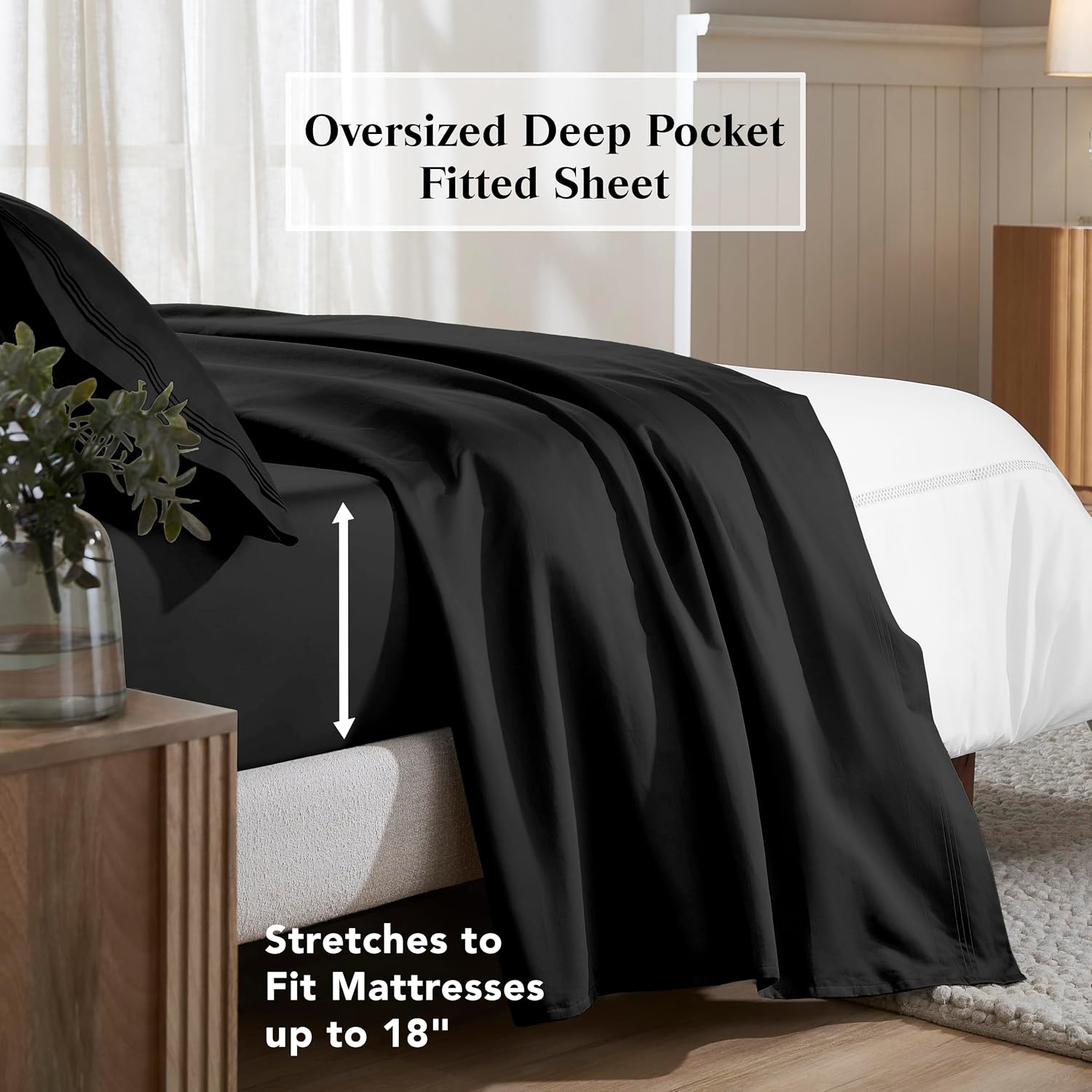 Superior Egyptian Cotton 3 Piece Sheet Set, 650 Thread Count, Eco-Friendly, Sustainable Sheets, Ultra-Soft Basics, Solid, Deep Pocket Fitted Sheet, Flat Sheet, Pillowcase, Twin, Black